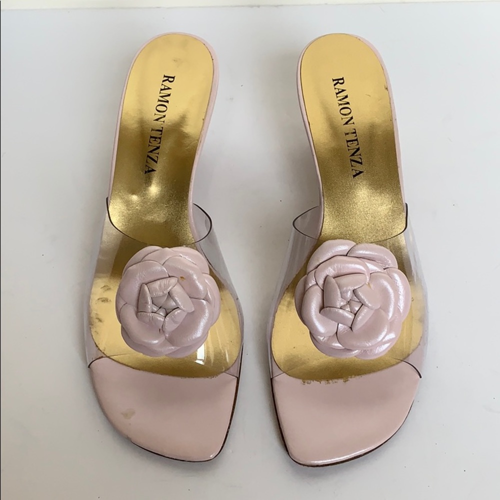 RAMON TENZA Lucite & Baby Pink Flower Mules